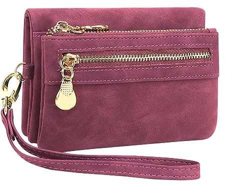 REETEE Portefeuille Femme Petit Porte Monnaie Femmes en Cuir PU Court Porte Feuilles pour Femme avec 10 Porte-Cartes, Portefeuilles Femme avec Zippé Pochette à Monnaie et Bracelet Amovible(Vin Rouge)
