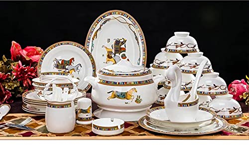 Bone China Dinnerware Set, Porcelain Kitchen Dinner Dinning Round Tableware Combination Set with Cereal Bowls Dessert Plates Soup Plates (56 Pieces Service for 10 People) (56 Pieces Service for 10 Peo