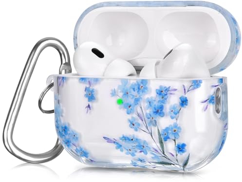 VISOOM Airpods Pro 2 Hülle Kompatibel mit Apple Airpods Pro 2 2022 Case Cover, Cute Stoßfeste Schutzhülle Weiches TPU mit Karabiner [Front-LED Sichtbar][Kabelloses Laden](BlueFlower)