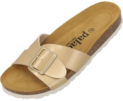 Palado Pantoletten Damen Tinos - bequeme Sandalen Made in Spain - elegante Hausschuhe mit Kork-Fußbett - modische Sommerschuhe Gold Lack UK6 - EU39