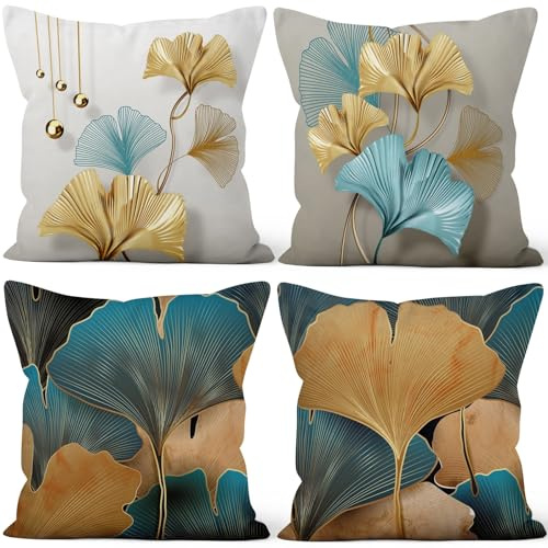 Uiiooazy Kissenbezug Ginkgo, Kissenbezüge Blau Gold Blätter Abstrakt Motiv Dekorativ Kissenhülle Quadratisch Samt Zierkissenbezug für Sofa Couch Schlafzimmer Wohnzimmer Auto Zuhause, 4er Set, 40x40cm