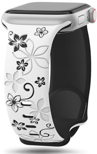 Floral Engraved Straps Compatible with Apple Watch Straps 41mm 40mm 38mm 42mm(Series 10) for Women,Cute Flower Bands Soft Silicone Sport Strap for iWatch Series 10 9 8 7 6 5 4 3 2 1 SE