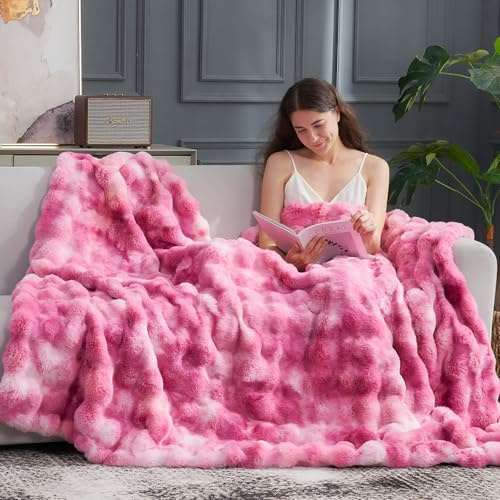 Cozy Bliss Kunstfell-Überwurfdecke für Couch, flauschig, weich, Plüsch, dicke Blasen-Decke für Sofa, Schlafzimmer, Wohnzimmer, 152,4 x 203,2 cm, Batikfärbung, Rosa