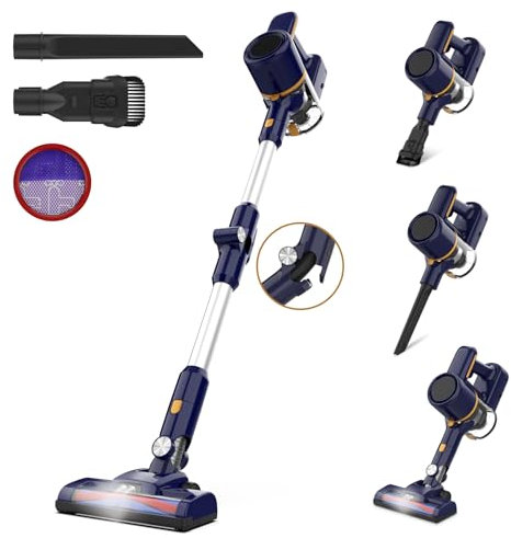 Aspirapolvere Senza Fili, Scopa elettrica Pieghevole, Senza Sacco, 20kPa, Luce LED, Due filtri a spugne, Autonomia 40 Min, Pavimenti Tappeto Peli di Animali Domestici