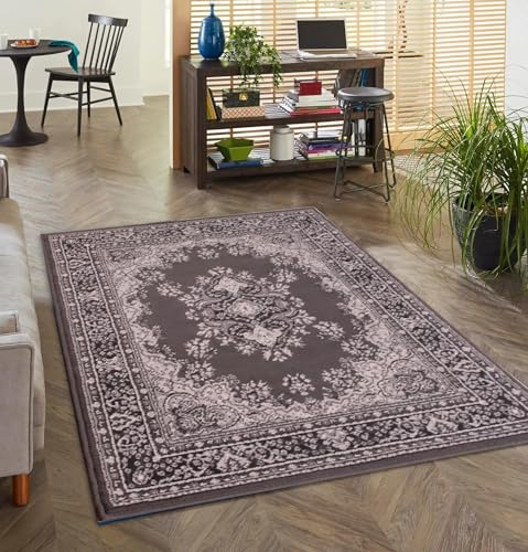 Lord of Rugs Lancashire Traditional Rug for Living Room, Bedroom, Hallways Lounge Classic Carpet Floral Bordered Medallion Oriental Rug Dark Grey, Medium 120x160 cm (4'x5'3)
