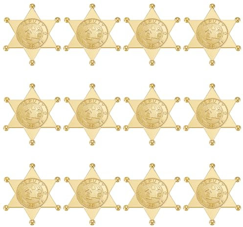 MAYJOYDIY 12 insignias de sheriff de policía occidental, estrella del oeste, broche de plástico, insignia de policía, insignia de fiesta de vaquero para cosplay, disfraz de juego, Plástico