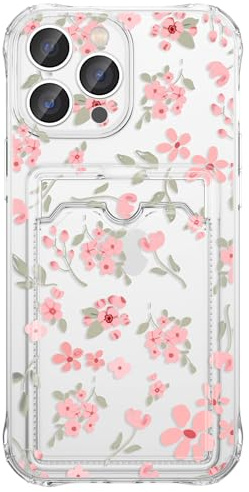ZCDAYE Floral Clear Case for iPhone 15 Pro with Card Slot, Gentle Pink | Aesthetic Girly Cute Flowers Printed Phone Case, Soft Slim Fit Card Case with Card Holder, Woman Protective Cases Phone Cover