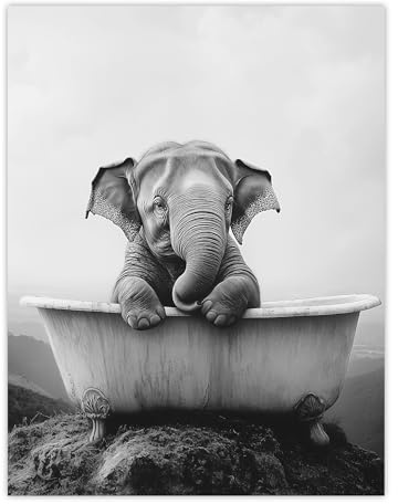Artery8 Cute Baby Elephant In Bathtub Black White Surreal Bathroom Toilet Large Wall Art Poster Print Thick Paper 18X24 Inch