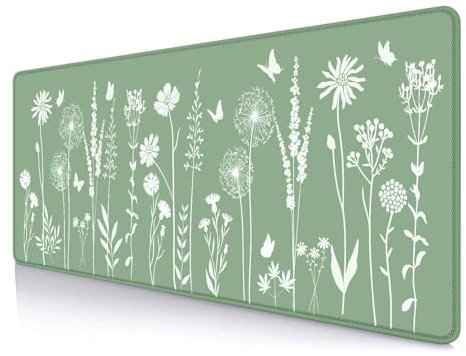 IMAYONDIA Cute Sage Green Desk Mats Mousepad, Plant Floral Anime Deskmat, Aesthetic Desk Pad, Minimalist Mint White Leaves Large Gaming Mouse Pad, Decor Accessories, 31.5 X 11.8