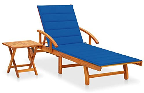 Utiny Akazienholz Massiv Sonnenliege mit Tisch Auflage 2 Rädern Gartenliege Liege Holzliege Strandliege Gartenmöbel Liegestuhl Relaxliege Königsblau(1 Sonnenliege mit Tisch)