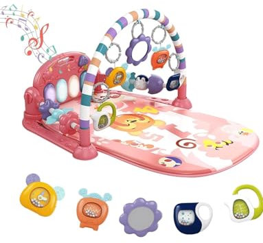 Kadii Baby Spieldecke mit Spielbogen, Gym Musik-Klaviertastatur, Aktivitätscenter mit Spiegel und Rasseln (Rosa)
