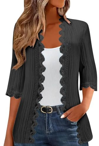 Ladies Cardigans Women's Summer Jacket Sweaters Casual Thin Cover Up 3/4 Sleeve Ladies Clothing Kimono Cardigan Lace Side Open Front Lightweight Solid Color Beach Black