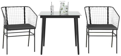 Homgoday 3-TLG. Garten-Essgruppe mit Kissen Schwarz Poly Rattan Glas Gartengarnitur Sitzgruppe Balkonmöbel Esszimmergruppe Gartentisch mit Stühle Gartenmöbel für Terrasse, Balkon