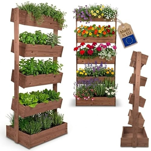 MODO24 Vertikales Blumenregal aus Holz, 187x82x57 cm, Pflanzenregal, 5 Ebenen, Outdoor & Indoor, Pflanzenständer, für Blumentöpfe, Pflanzentreppe, Blumenkasten, Wetterfest, Braun imprägniert