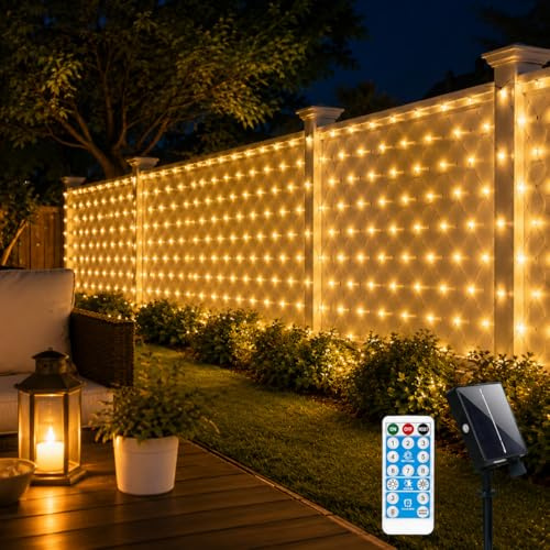 CERIAL Outdoor Solar Net Lights,3.6 x 1.5M Garden Fairy Lights Mesh Light Solar Powered Bushes Tree Light Waterproof with Remote Timer 8 Modes for Balcony Gazebo Curtain Decor(Warm White)