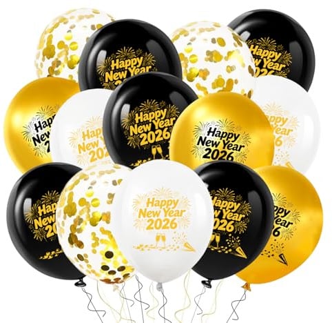 Silvester Deko 2026 Luftballons,24 Stück Happy New Year Ballons,Schwarz Gold Silvesterparty 2026 Deko Ballon,Luftballons Neujahr mit Champagner,für Silvesterdeko Neujahrsdeko Tischdeko Party Zubehör