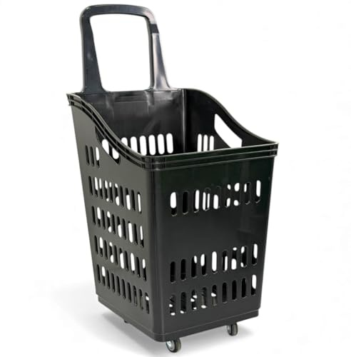 1x Black 68L Plastic Shopping Trolley Basket with 4 Swivel Wheels, Heavy-Duty Polypropylene, Push or Pull Design for Supermarkets & Retail Stores