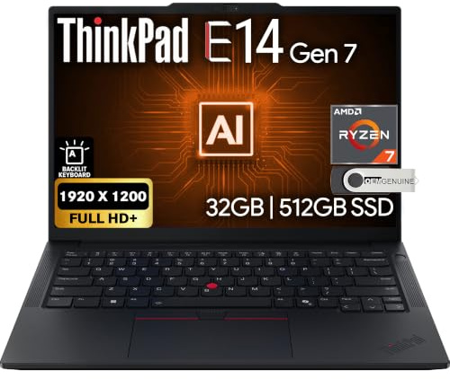 Lenovo ThinkPad E14 Gen 7 14 FHD+ Display, AMD Ryzen 7 250, 32GB DDR5 RAM, 512GB SSD PCIe, Backlit Keyboard, WiFi 6E + BT, RJ-45, FHD Webcam, Windows 11 Pro, AI Business Laptop - Black