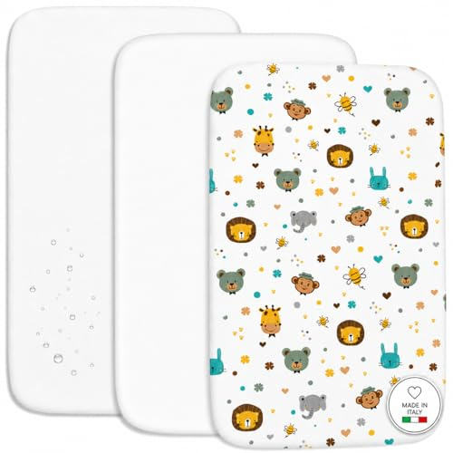 FlyIdeas 3-teiliges Spannbettlaken-Set – 2 Spannbettlaken aus 100% Baumwolle & 1 wasserdichter Matratzenschoner – Atmungsaktiv & Hypoallergen (Jungla, 50x83 cm)