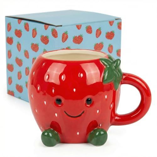 MIJOMA Kawaii Tasse Dolomite Fraise 410 ml - Relief 3D avec Visage - Émaillée et Stable - pour Café Thé Cacao
