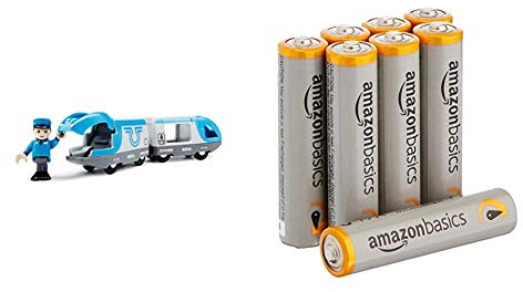 BRIO World 33506000 - BRIO World Reisezug (batt.betrieben) & Amazon Basics Performance Batterien Alkali, AAA, 8 Stück (Design kann von Darstellung abweichen)