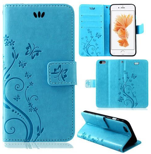 betterfon Hülle Kompatibel mit Apple iPhone 6 Plus / 6s Plus | Premium PU Leder Handyhülle Wallet Case für iPhone 6 Plus / 6s Plus | Schutzhülle Blumen Klapphülle Handyhülle | Blau