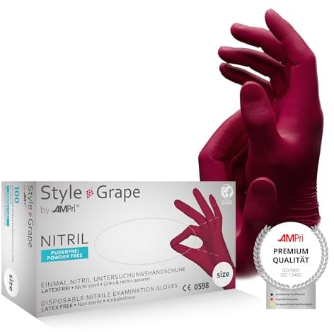 AMPri Nitrilhandschuhe, bordeaux, rot, 100 Stück/Box, Größe XL, puderfrei, Style Grape by Med-Comfort: Nitril Einmalhandschuhe, Einweghandschuhe in den Größen XS, S, M, L, XL