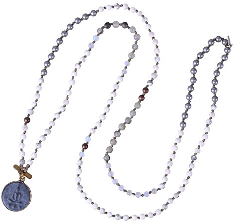 KELITCH Buddha Anhänger Halsketten Naturstein Perlenketten Handgefertigte Lange Kettenstränge Halsketten Schmuck für Frauen (Weiß 93D)