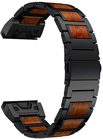 LDFAS Natur Holz Rot Sandelholz Edelstahl Metall Armbanduhr Band, 26 mm Schnellspanner Easy Fit Gurt für Garmin Fenix 5 x/5 x plus/3/3 Stunden/Descent MK1 Smartwatch, Red Wood+Black Metal