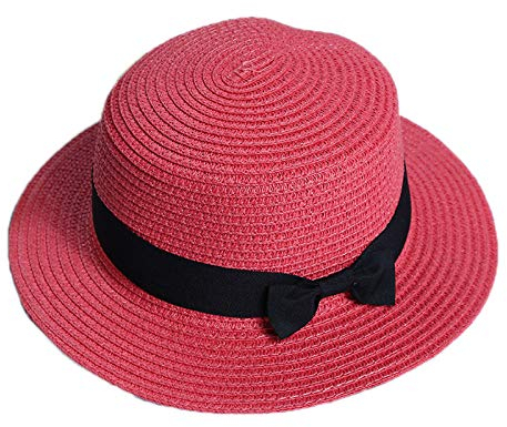 Elonglin Damen Mädchen Jungen Flacher Hut Schleife Strohhut Strand Sonnenhüte atmungsaktiv schnell trocknend Sommer im Urlaub Wassermelone rot Erwachsen-Modell