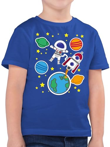 Kinder T-Shirt Jungen - Bunt gemischt - Weltall mit Astronaut - 116 (5/6 Jahre) - Royalblau - Stern Shirts Rakete Shirt raketen Tshirt Planets kindershirts Planeten t Weltraum Junge Astronauten