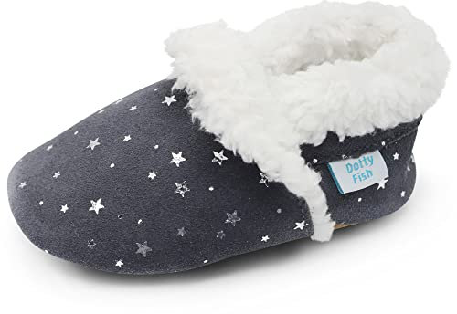 Dotty Fish Pantofole a piedi nudi in pelle scamosciata per neonati e bambini - Foderate in pile, antiscivolo, flessibili, consigliate dai podologi. Bambini e bambine - Stelle d'argento 4-5 Anni