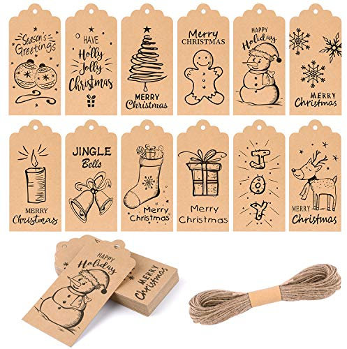 KUUQA 120Pz Tag Regalo di Natale Biglietto Regalo Festival per Etichetta Regalo di Natale con Corda per Appendere, 12 Stili Diversi, Nero