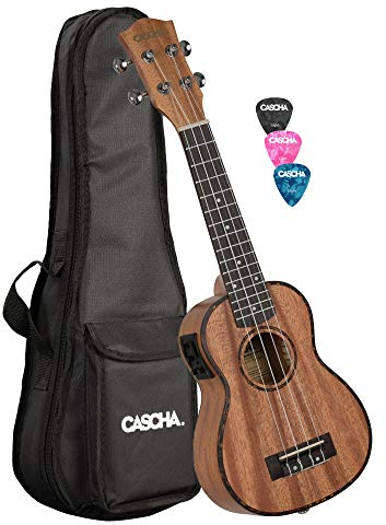 CASCHA Mogano Soprano Ukulele Set con Pickup I Starter Kit 3 Plettri Tasca Accordatore Integrato I Corde Aquila Nylon I Piccola Chitarra Hawaii per Principianti Avanzati