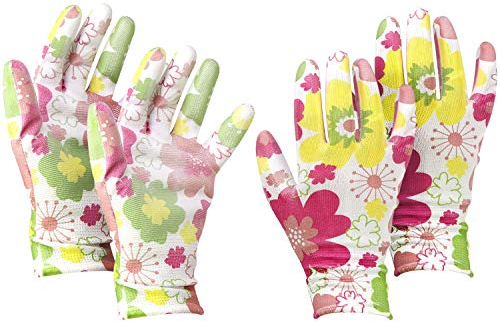 com-four® 2x Paar Gartenhandschuhe in Größe 8 (M) - Schutz-Handschuhe im Blumen-Design für Damen - Arbeitshandschuhe mit Gummibeschichtung (02 Paar - weiß/bunt - Größe M)