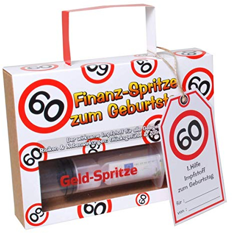 Udo Schmidt Finanzspritze Deko Spritze zum Befüllen mit Geld zum 60. Geburtstag, ca. 17,5 cm lang, Karton, Kunststoff, Nicht steril, 1 Stück