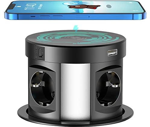 Versenkbar Steckdose 4 Fach mit USB, THOWALL Versteckte Tischsteckdose mit Wireless Charger, Mehrfachstecker mit 4 Schukosteckdose & 2 USB & HDMI-Anschluss & Netzwerkanschlüssen RJ45