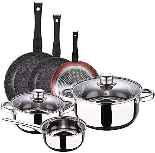 San Ignacio Batería 5 piezas S.Ignacio Cassel y Set 3 sartenes Ø20/Ø24/Ø28 cms, aluminio forjado, antiadherente, inducción