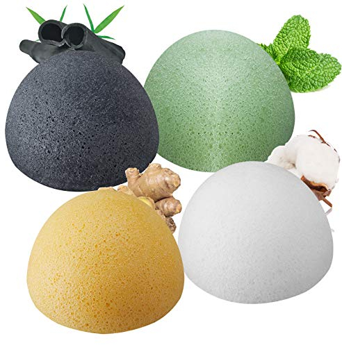 ENSOBO Éponge Konjac Visage (Lot de 4), Set d'éponge Konjac pour Nettoyage et l'exfoliation Profond des Pores, 100% Naturel Charbon de Bambou/Thé Vert/Blanche/Gingembre Pour Tous Types de Peaux
