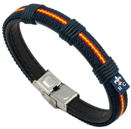 Hispania Colors – Pulsera con Bandera de España Wake Up Azul Marino – Elástico, Piel y Cordón Náutico – Cierre de Acero Inoxidable – Hecha a Mano en España