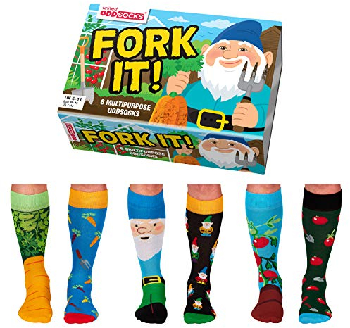 United Oddsocks Fork It, 6 Multipurpose Gardening-Themed Men's Oddsocks Gift Box – UK 6–11, EUR 39–46, US 7–12 – Funny Gnome Socks for Gardeners, Novelty Gift for Dad, Grandpa, Friends, Nature Lovers