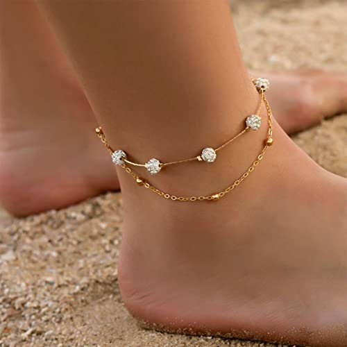 Inateannal Boho Layered Crystal Anklet Gold Satellite Chain Ankle Bracelet Multi-layer Foot Chain Jewellery for Women and Girls