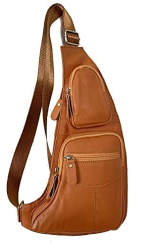 Hebetag Leder Schultertasche Sling Brusttasche Crossbody Pack für Herren Damen Reisen Draussen Beiläufig Schulter Tasche Pack Rucksack Tagesrucksack, Yellow Brown