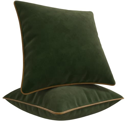 Blau Marité Kissenbezüge 45x45 cm – 2er Set aus weichem Samt – Dekokissen mit kontrastierendem Rand – Grün & Camel – Ohne Füllung