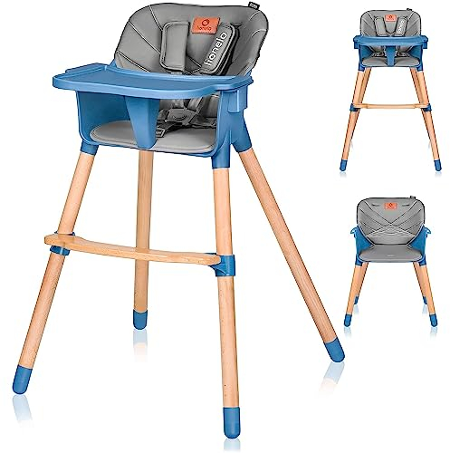 LIONELO Koen chaise haute bébé 2 en 1 pour enfant, chaise haute pliable, plateau amovible, de 6 à 36 mois, ceintures de sécurité à 5 points, capacité de charge jusqu'à 15 kg / 30 kg (Blue)