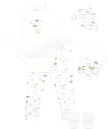 Disney Baby Dumbo Bodysuit mit Hut und Latz Outfit 5-teiliges Set für Jungen und Mädchen 56-68 Weiß