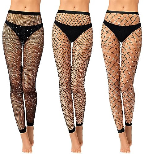 Geyoga 3 Collants en Résille Taille Haute Noirs avec Strass sans Pieds(Taille Unique)