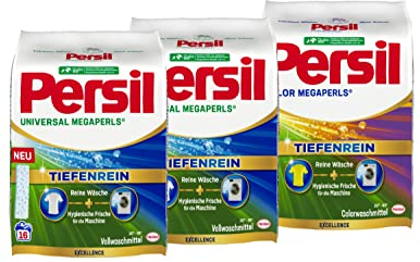 Persil Color Megaperls (16 Waschladungen), Colorwaschmittel & 2x Persil Universal Megaperls (16 Waschladungen), Vollwaschmittel hygienische Frische für die Maschine, 20 °C bis 95 °C