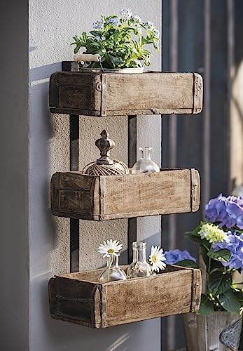 Dekoleidenschaft Wandregal Kolonial aus recyceltem Holz im Used Look, Regal mit 3 Holzkisten, Hängeregal, Pflanzenregal, Blumenregal, Pflanzgefäß, Standregal, Pflanzkasten, Küchenregal