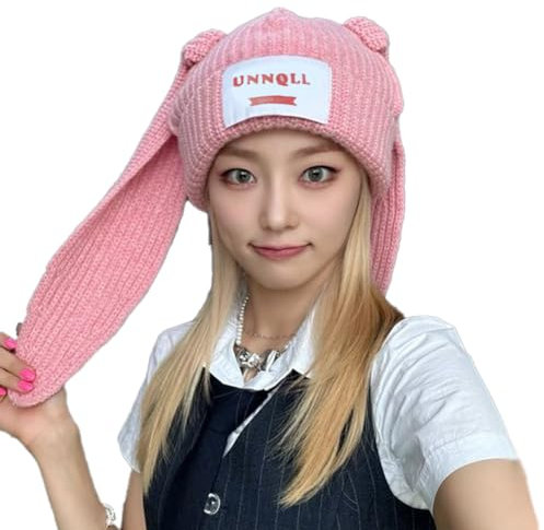 UNNQLL 2023 Nette Hüte Häkeln Earflap Gestrickte Beanie Warme Schnee Ski Bunny Lange Ohren Caps Cosplay Party Mädchen Frauen, Pink, Groß